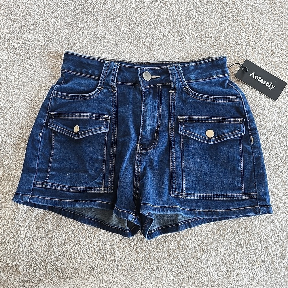 Aotasely Stretch Jean Shorts Mid Waisted Juniors S Dark Wash NWT‎ Festival Booty